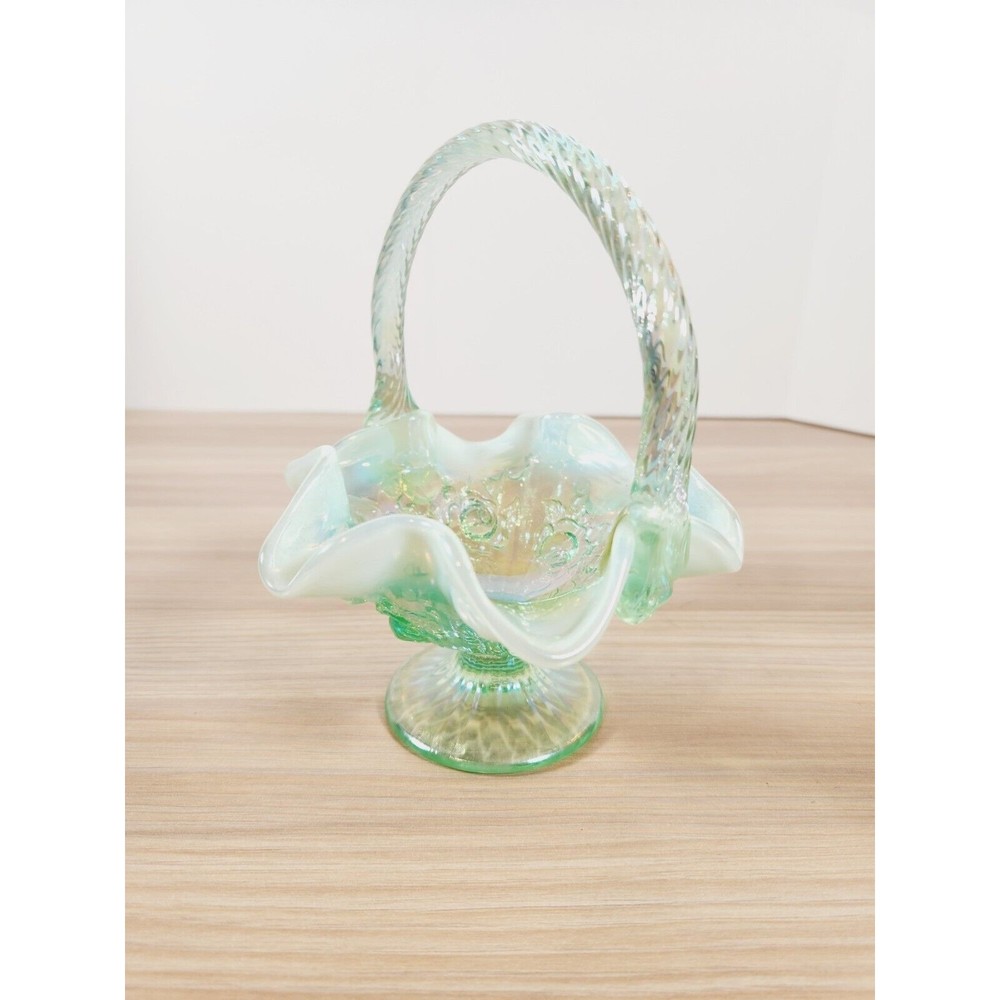 Fenton Green Opalescent Iridescent‎ Ruffled Wavy Roses Floral Basket with Handle - Picture 2 of 7
